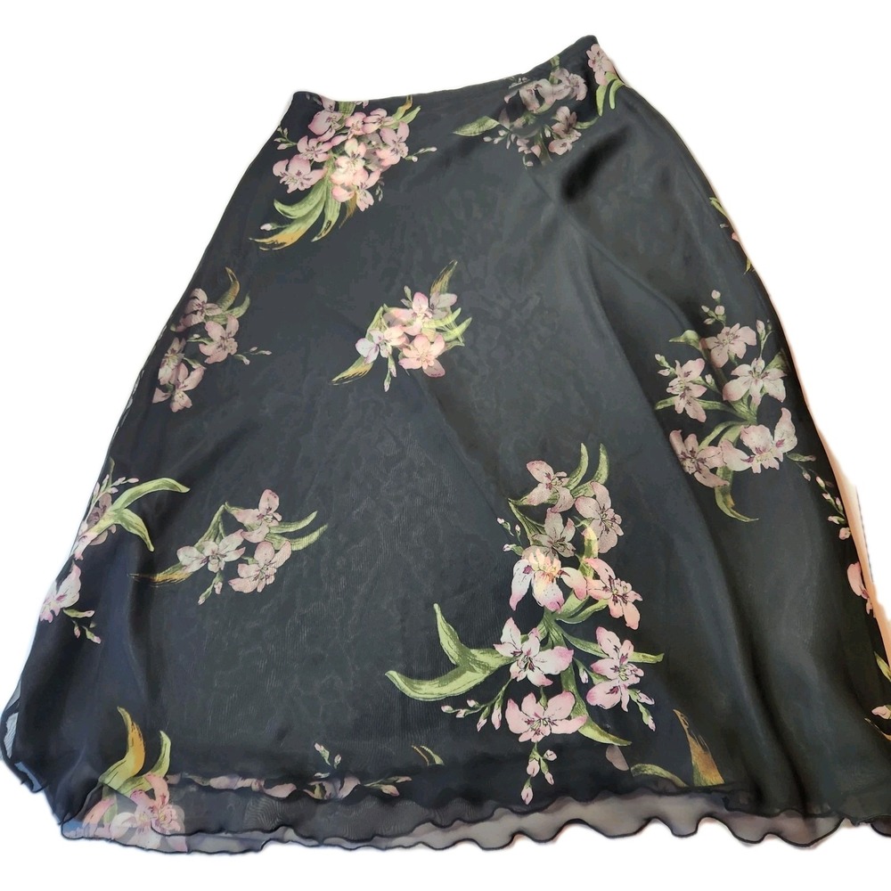 Avenue Maxi A-Line Skirt Womens Sz 14/16 Black & Pink Floral Flowy Cottagecore